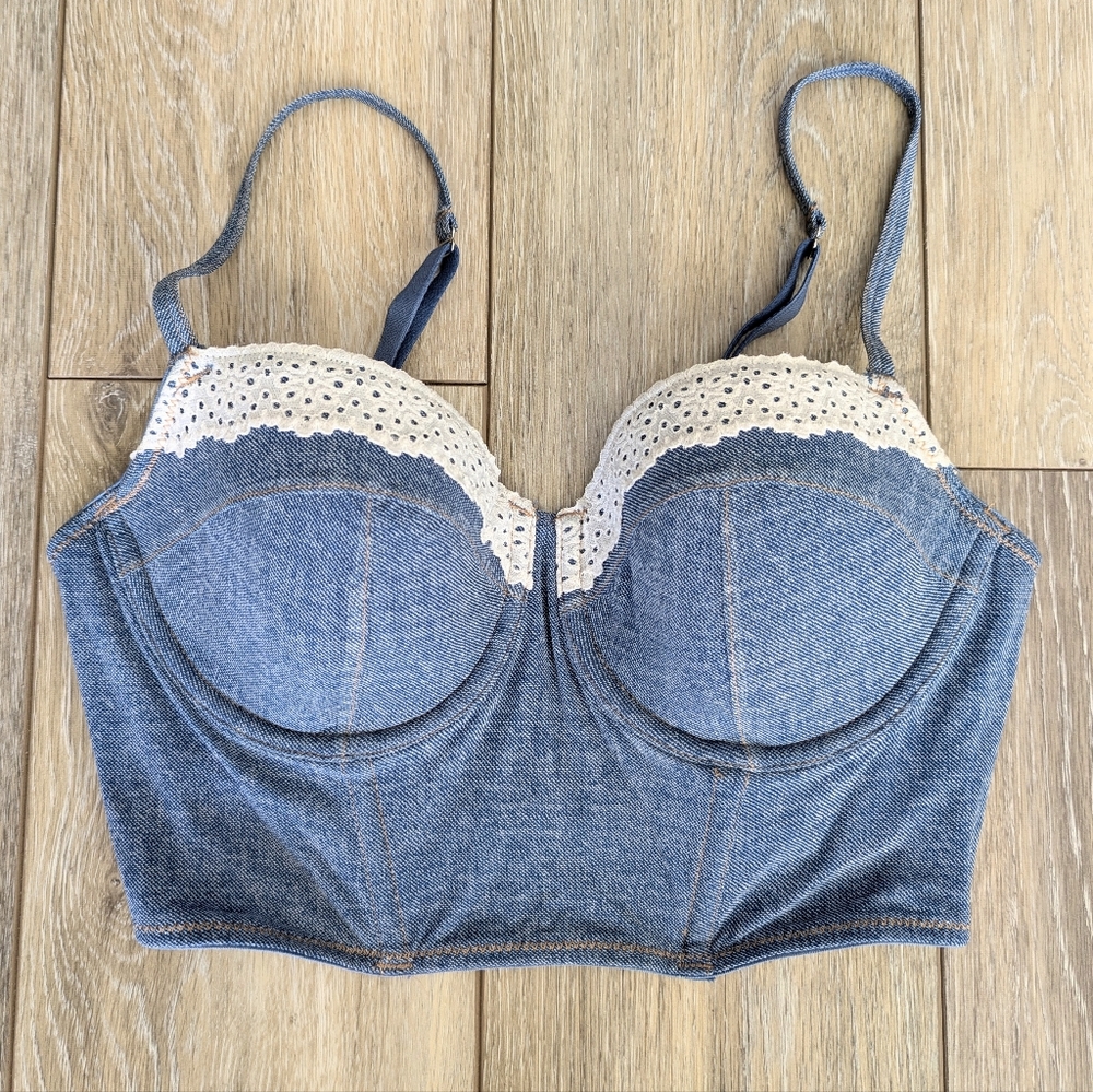 Colsie Denim Blue Crop Top with White Lace
